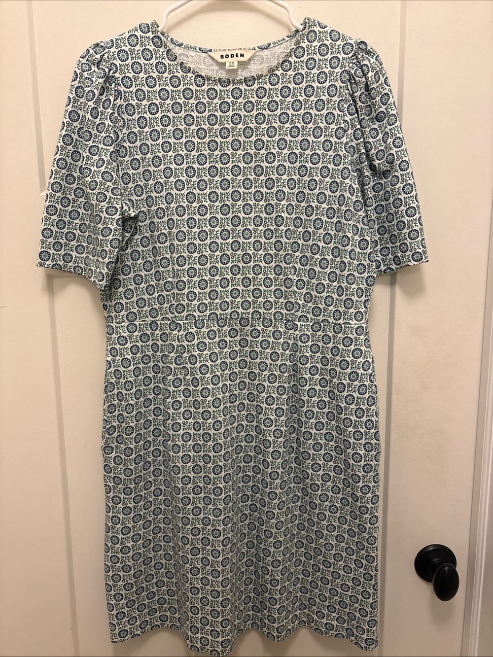 Boden Blue Green White Printed Midi dress 100% cotton pockets US 8 capsule